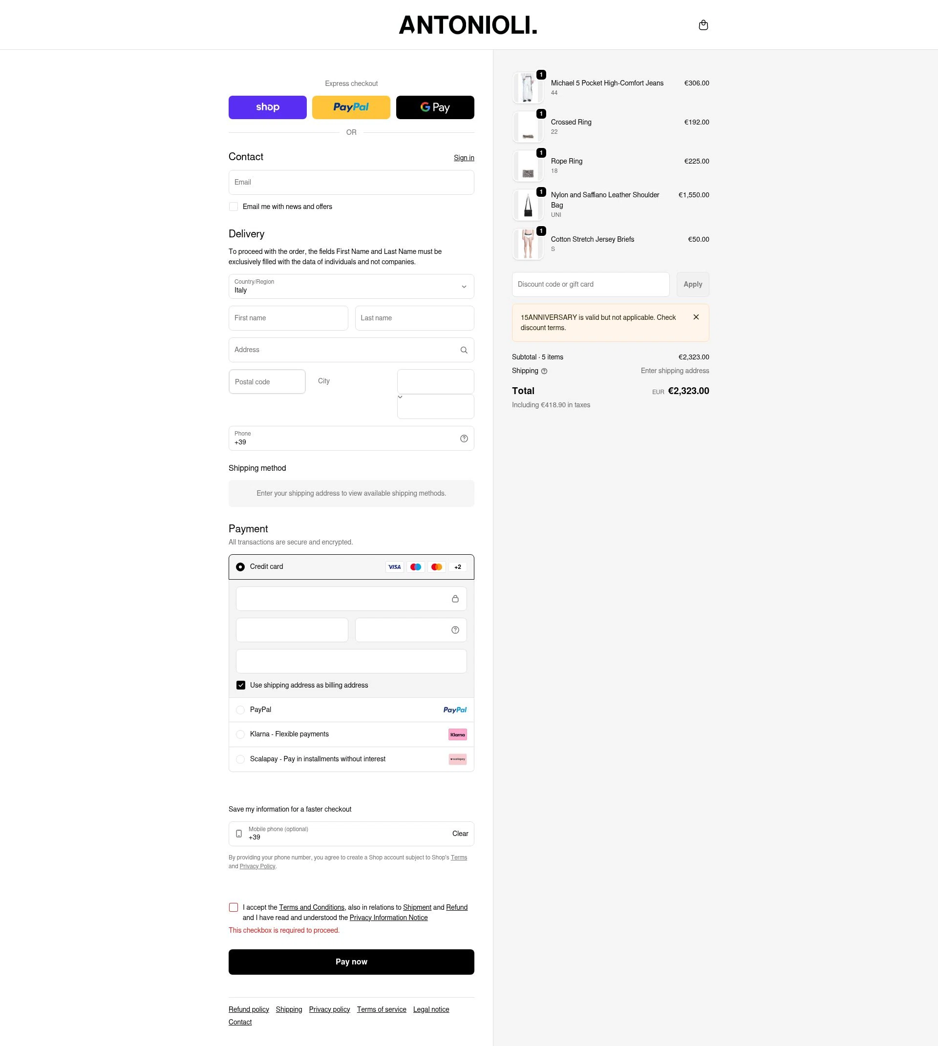Antonioli checkout page showing Antonioli discount code box | Screenshot taken by SimplyCodes community member on Feb 26, 2026