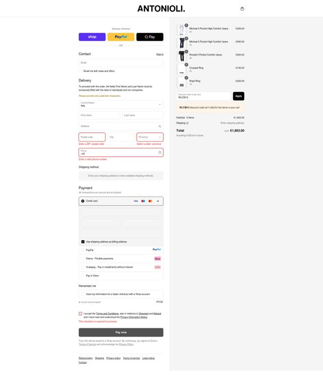Antonioli checkout page showing Antonioli discount code box | Screenshot taken by SimplyCodes community member on Sep 11, 2025