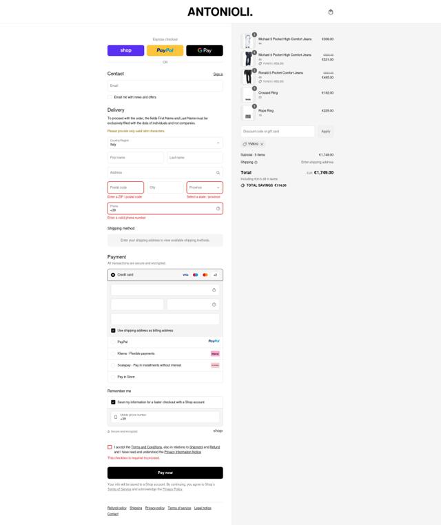 Antonioli checkout page showing Antonioli discount code box | Screenshot taken by SimplyCodes community member on Sep 11, 2025