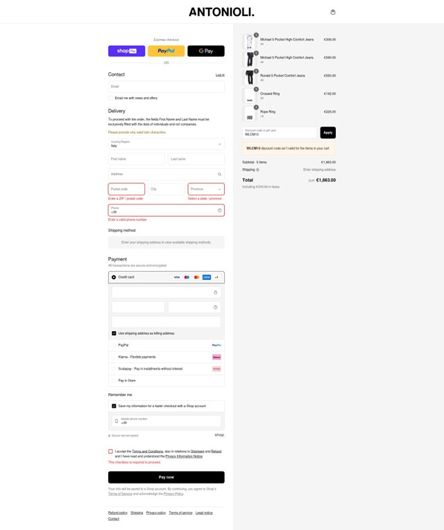 Antonioli checkout page showing Antonioli discount code box | Screenshot taken by SimplyCodes community member on Aug 25, 2025