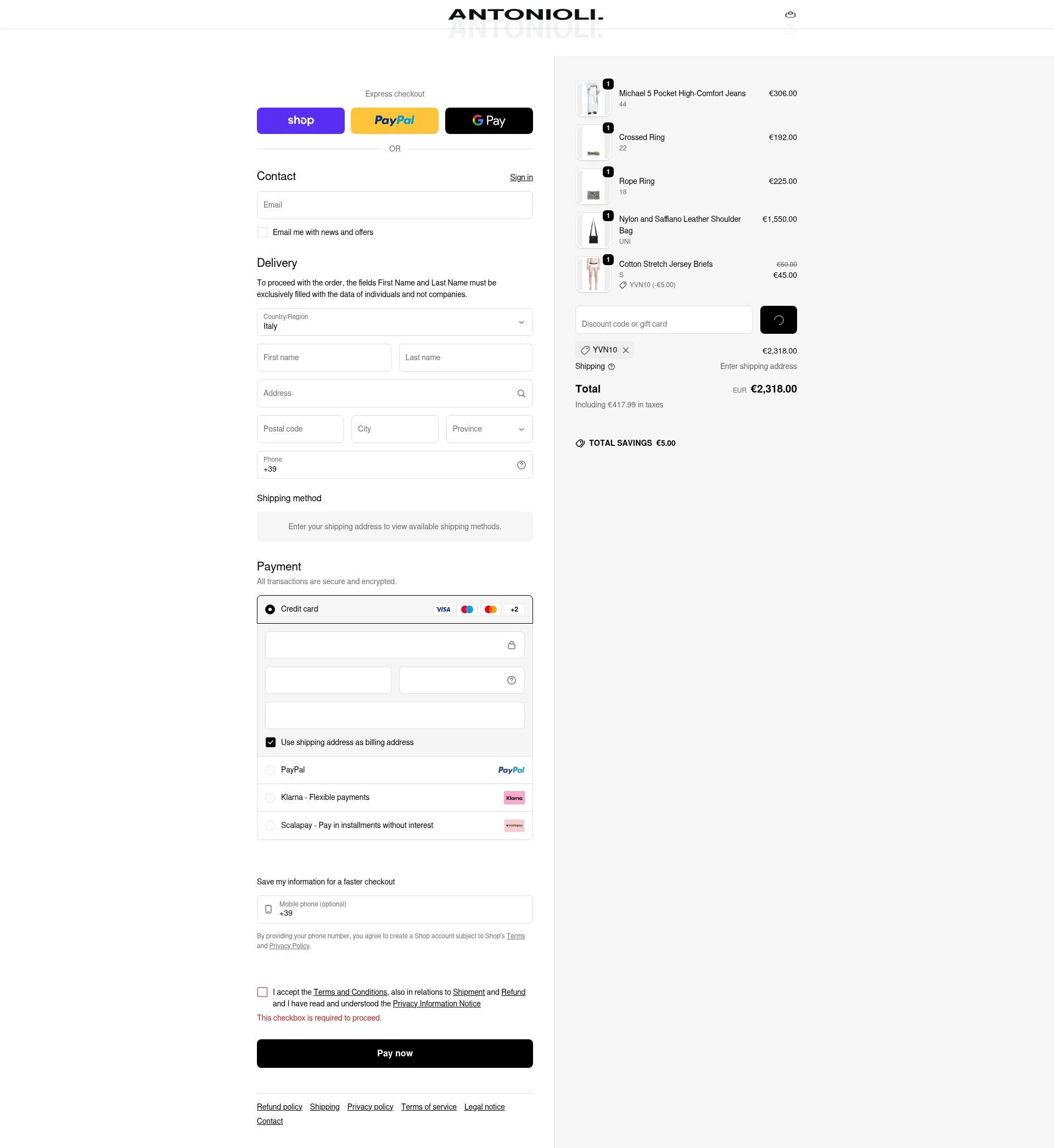 Antonioli checkout page showing Antonioli discount code box | Screenshot taken by SimplyCodes community member on Feb 4, 2026