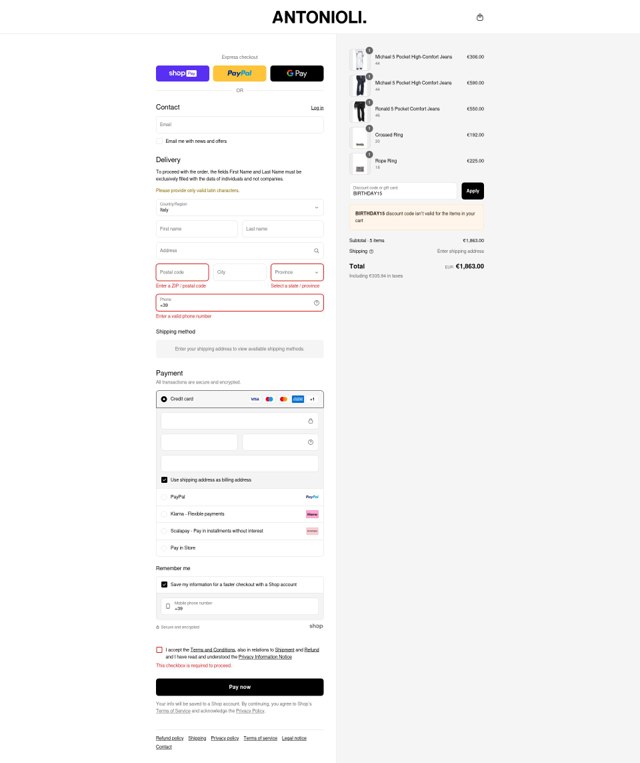 Antonioli checkout page showing Antonioli discount code box | Screenshot taken by SimplyCodes community member on Aug 25, 2025