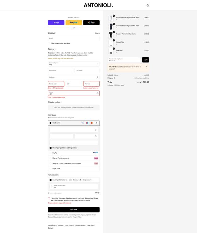 Antonioli checkout page showing Antonioli discount code box | Screenshot taken by SimplyCodes community member on Oct 2, 2025