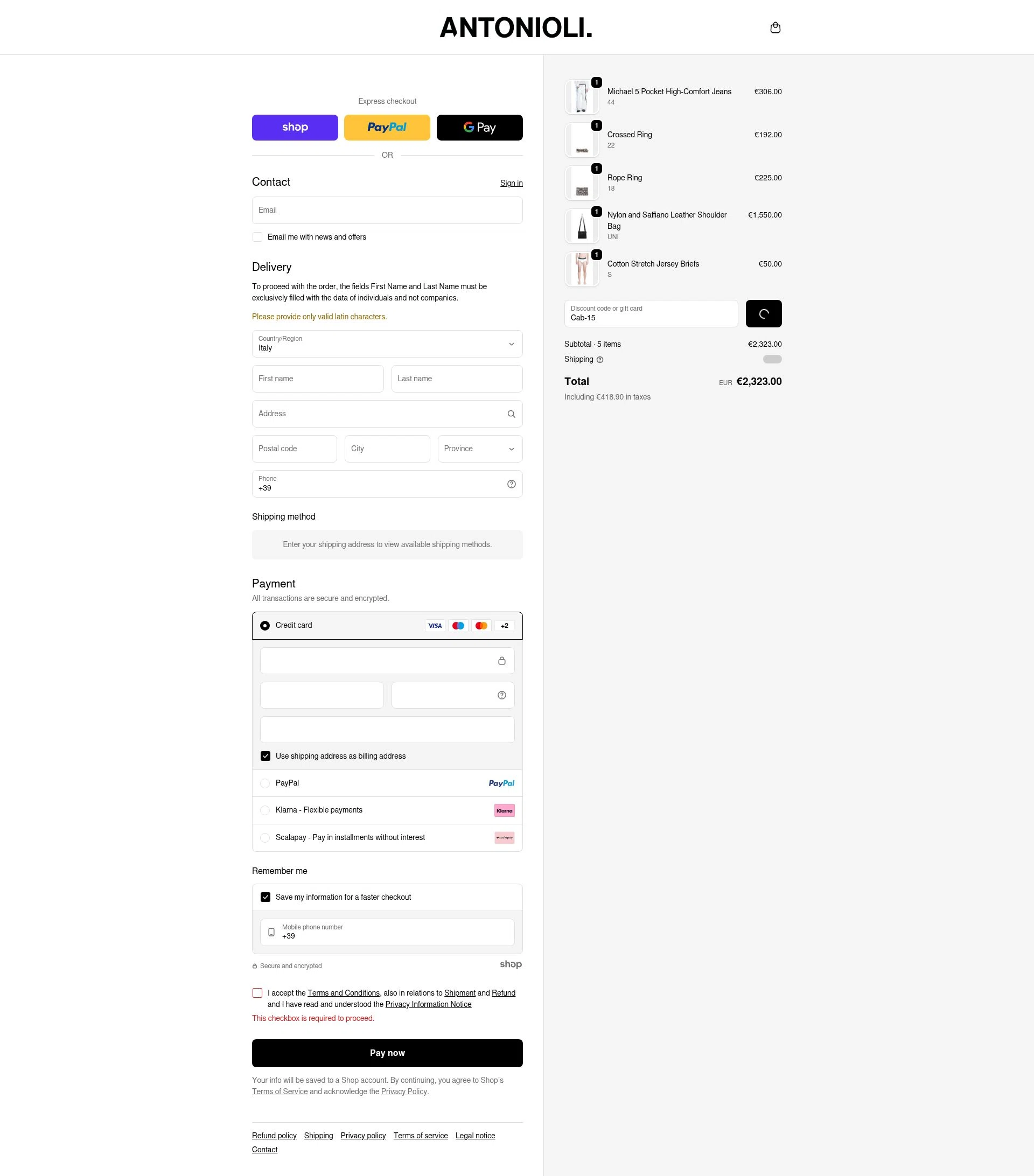 Antonioli checkout page showing Antonioli discount code box | Screenshot taken by SimplyCodes community member on Jan 15, 2026