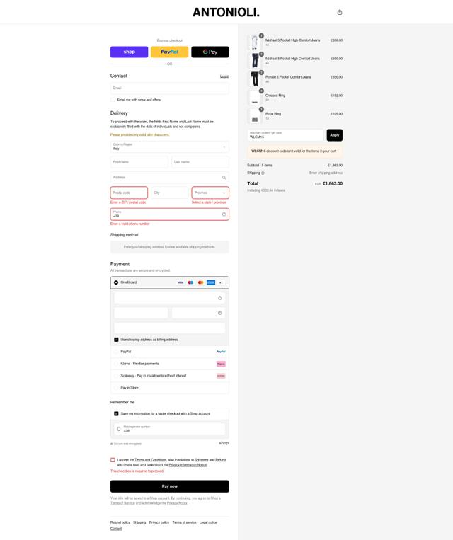 Antonioli checkout page showing Antonioli discount code box | Screenshot taken by SimplyCodes community member on Sep 7, 2025