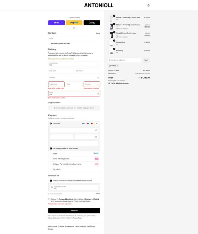 Antonioli checkout page showing Antonioli discount code box | Screenshot taken by SimplyCodes community member on Oct 2, 2025