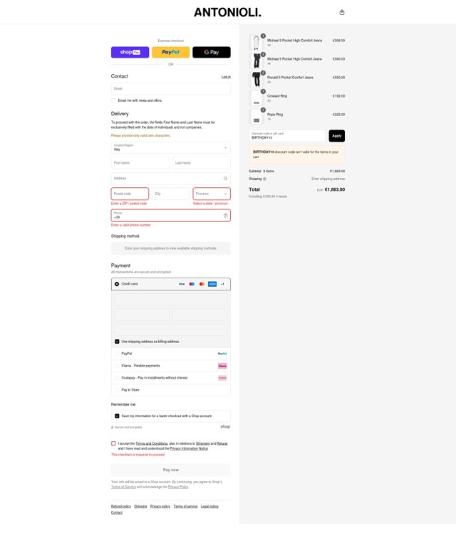 Antonioli checkout page showing Antonioli discount code box | Screenshot taken by SimplyCodes community member on Aug 25, 2025
