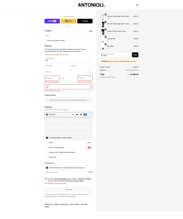 Antonioli checkout page showing Antonioli discount code box | Screenshot taken by SimplyCodes community member on Aug 25, 2025