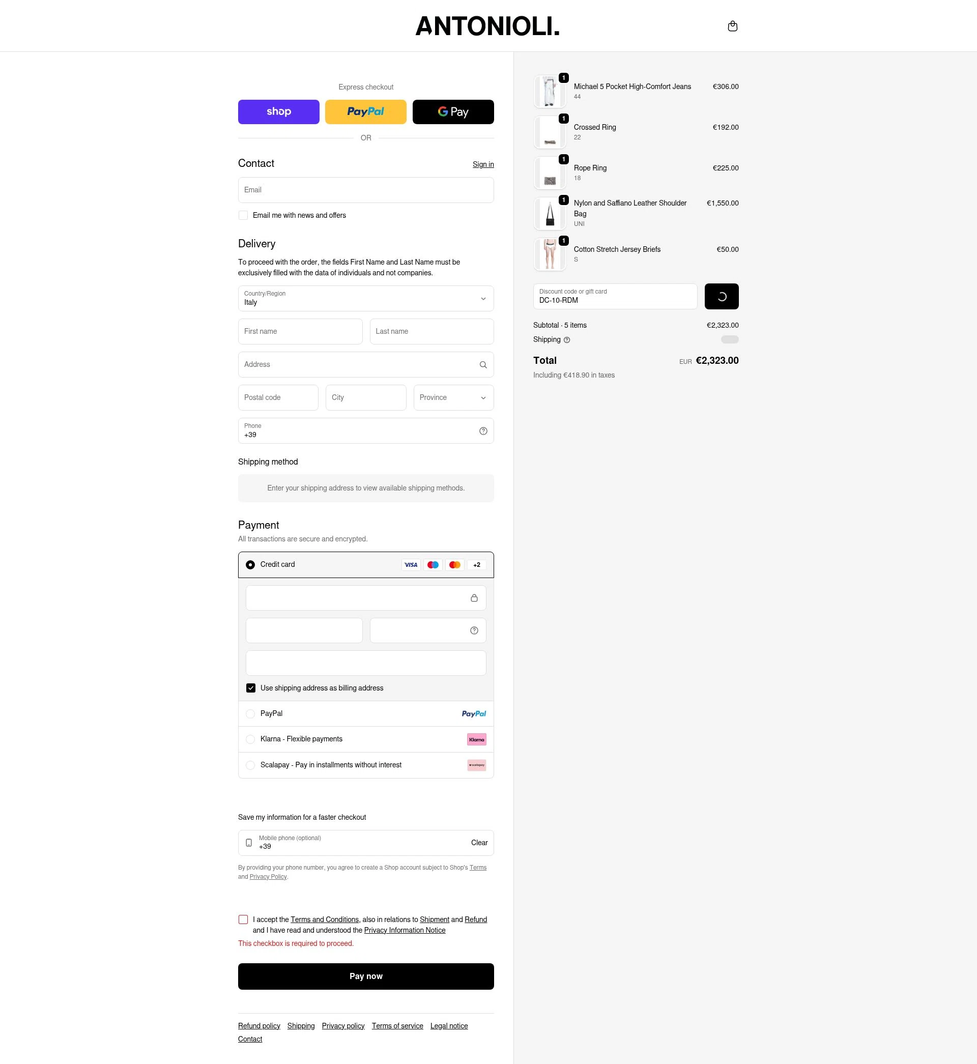 Antonioli checkout page showing Antonioli discount code box | Screenshot taken by SimplyCodes community member on Feb 4, 2026