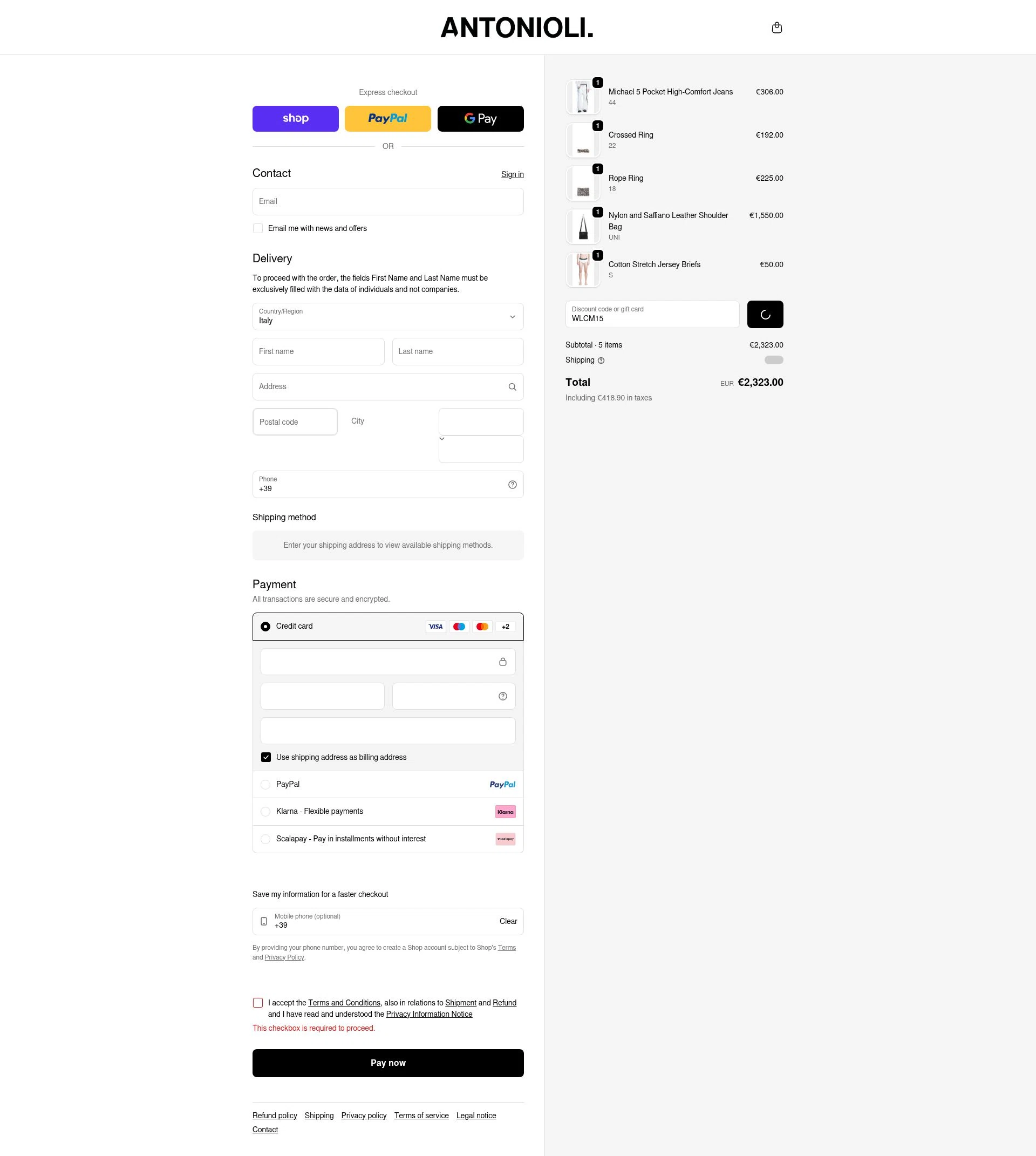 Antonioli checkout page showing Antonioli discount code box | Screenshot taken by SimplyCodes community member on Feb 26, 2026