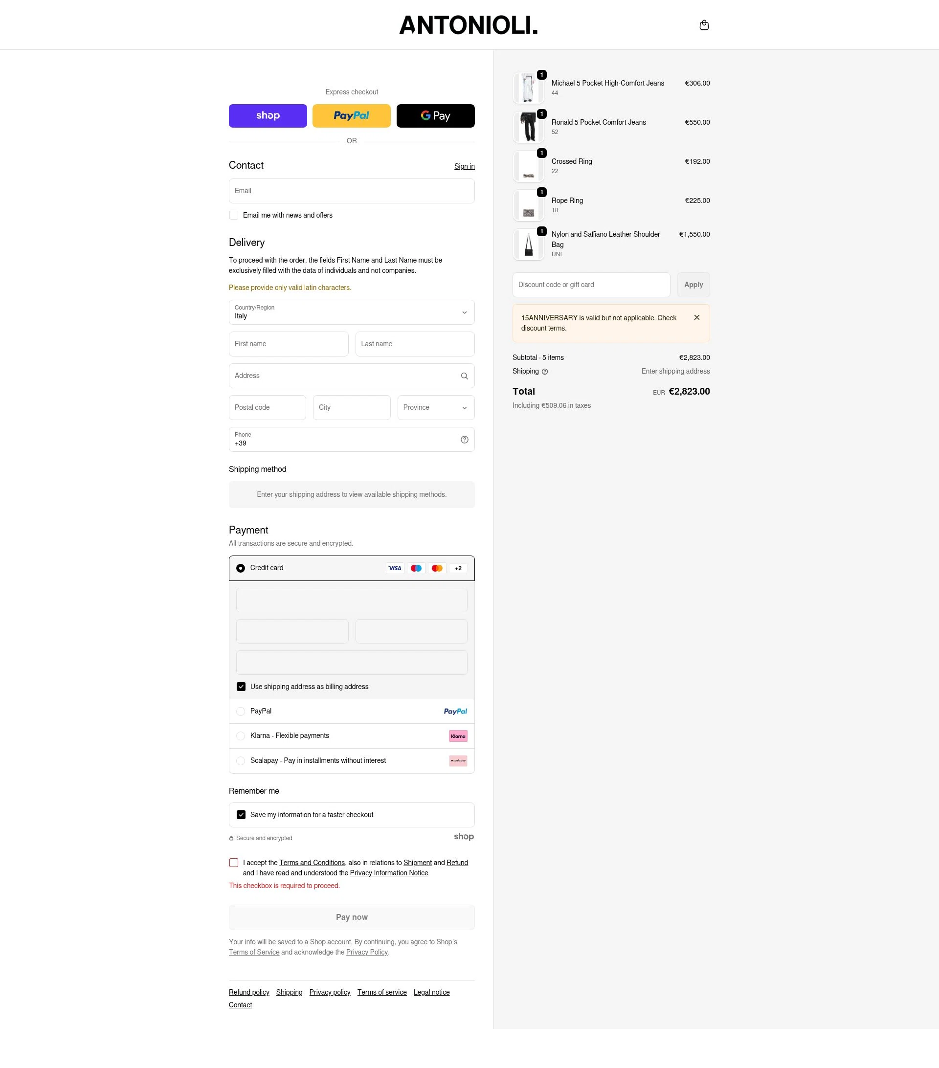 Antonioli checkout page showing Antonioli discount code box | Screenshot taken by SimplyCodes community member on Dec 27, 2025