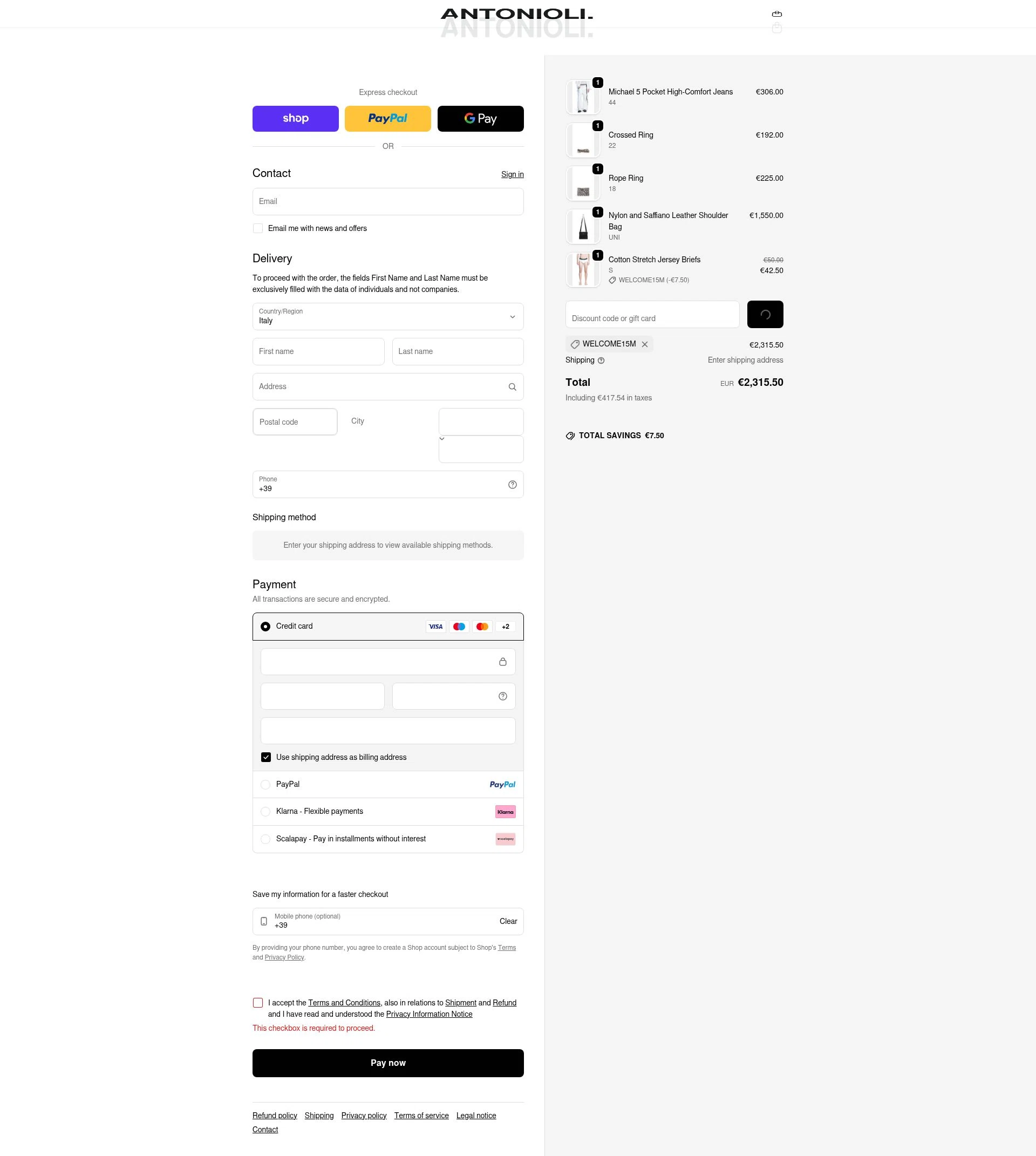 Antonioli checkout page showing Antonioli discount code box | Screenshot taken by SimplyCodes community member on Feb 26, 2026