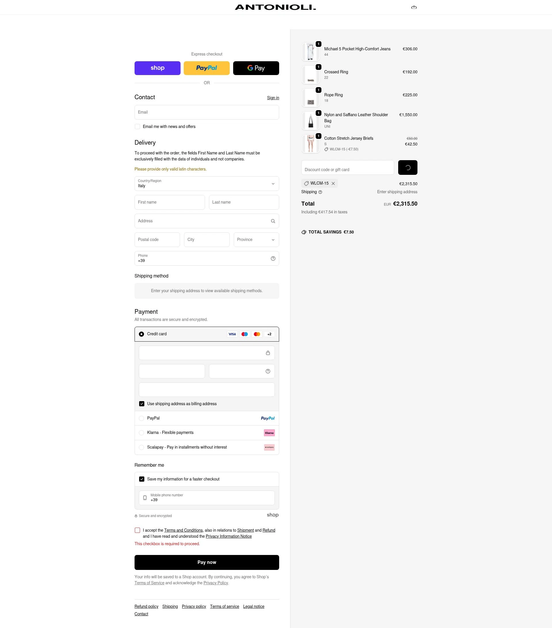 Antonioli checkout page showing Antonioli discount code box | Screenshot taken by SimplyCodes community member on Jan 16, 2026