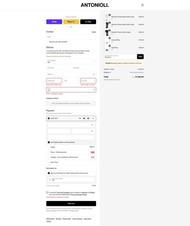 Antonioli checkout page showing Antonioli discount code box | Screenshot taken by SimplyCodes community member on Sep 11, 2025