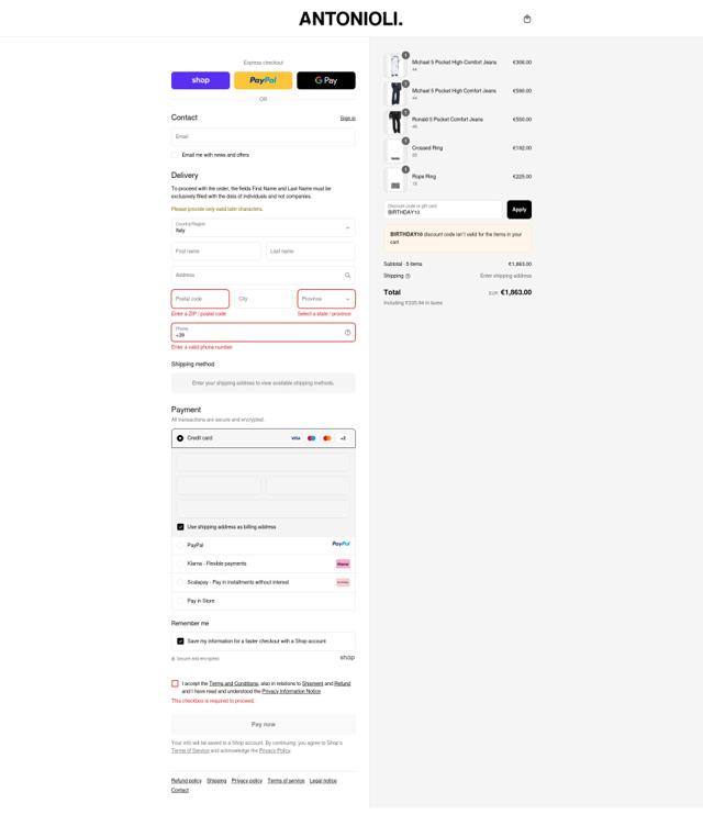 Antonioli checkout page showing Antonioli discount code box | Screenshot taken by SimplyCodes community member on Sep 11, 2025