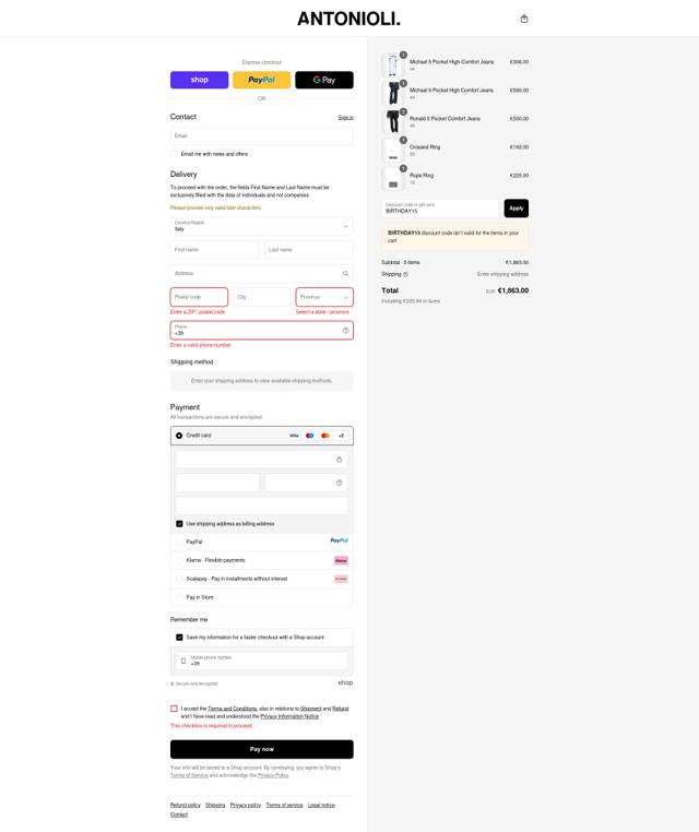 Antonioli checkout page showing Antonioli discount code box | Screenshot taken by SimplyCodes community member on Sep 11, 2025