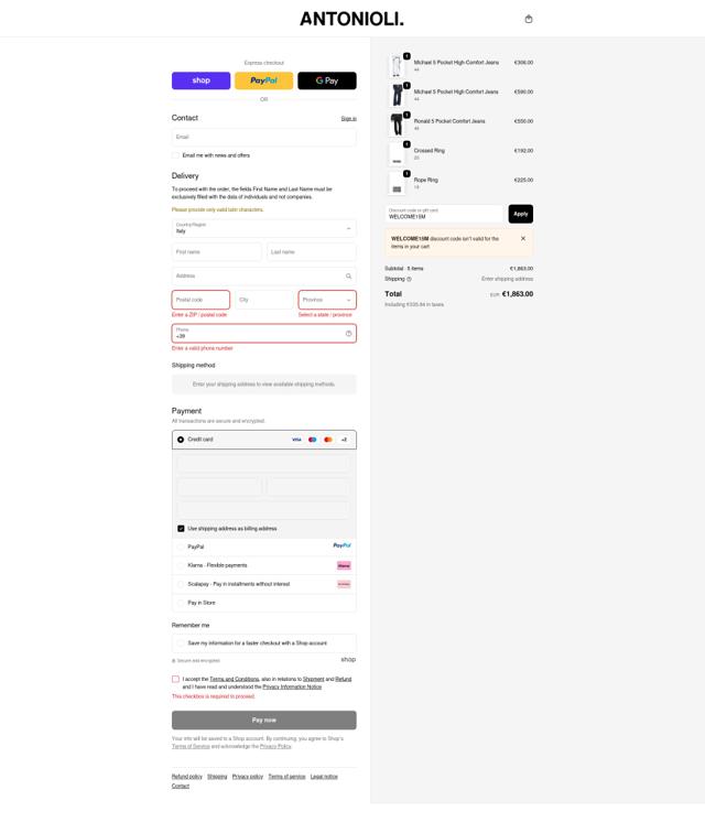 Antonioli checkout page showing Antonioli discount code box | Screenshot taken by SimplyCodes community member on Oct 6, 2025