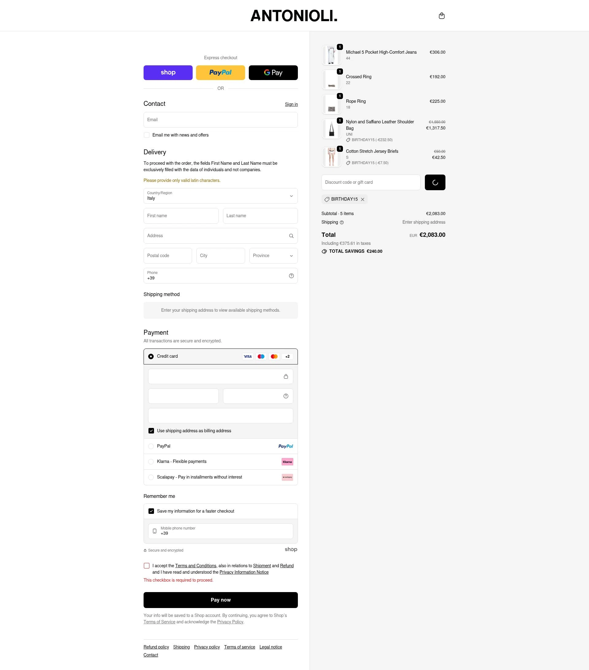 Antonioli checkout page showing Antonioli discount code box | Screenshot taken by SimplyCodes community member on Jan 16, 2026