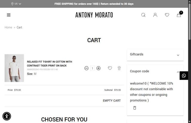 Antony Morato checkout page showing Antony Morato discount code box | Screenshot taken by SimplyCodes community member on Aug 5, 2025