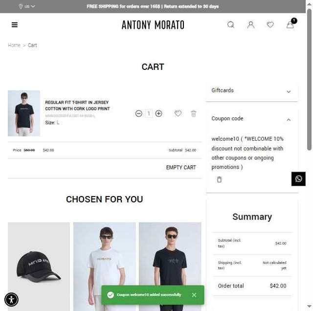 Antony Morato checkout page showing Antony Morato discount code box | Screenshot taken by SimplyCodes community member on Jun 19, 2025