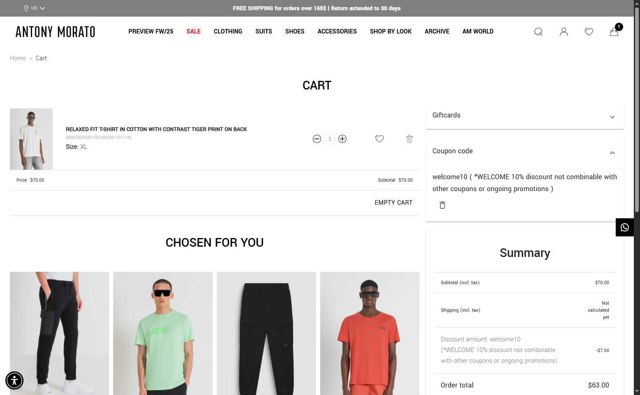 Antony Morato checkout page showing Antony Morato discount code box | Screenshot taken by SimplyCodes community member on Jul 30, 2025