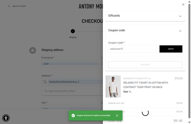Antony Morato checkout page showing Antony Morato discount code box | Screenshot taken by SimplyCodes community member on Aug 11, 2025