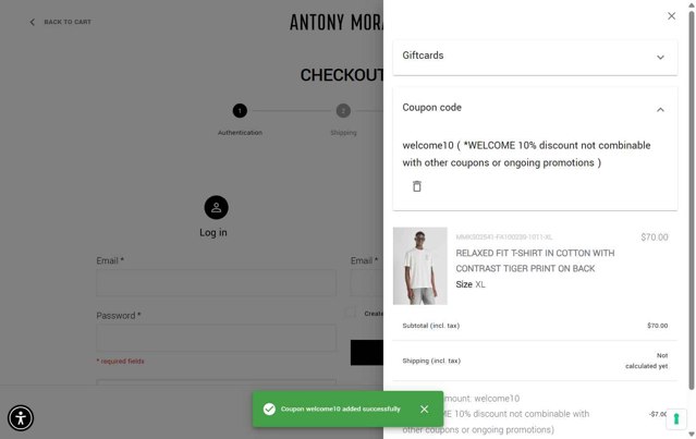 Antony Morato checkout page showing Antony Morato discount code box | Screenshot taken by SimplyCodes community member on Aug 17, 2025