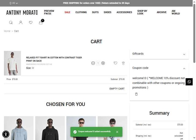 Antony Morato checkout page showing Antony Morato discount code box | Screenshot taken by SimplyCodes community member on Aug 23, 2025