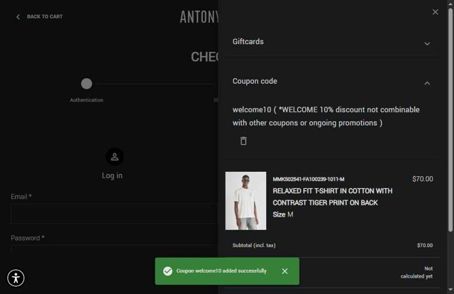 Antony Morato checkout page showing Antony Morato discount code box | Screenshot taken by SimplyCodes community member on Jul 9, 2025