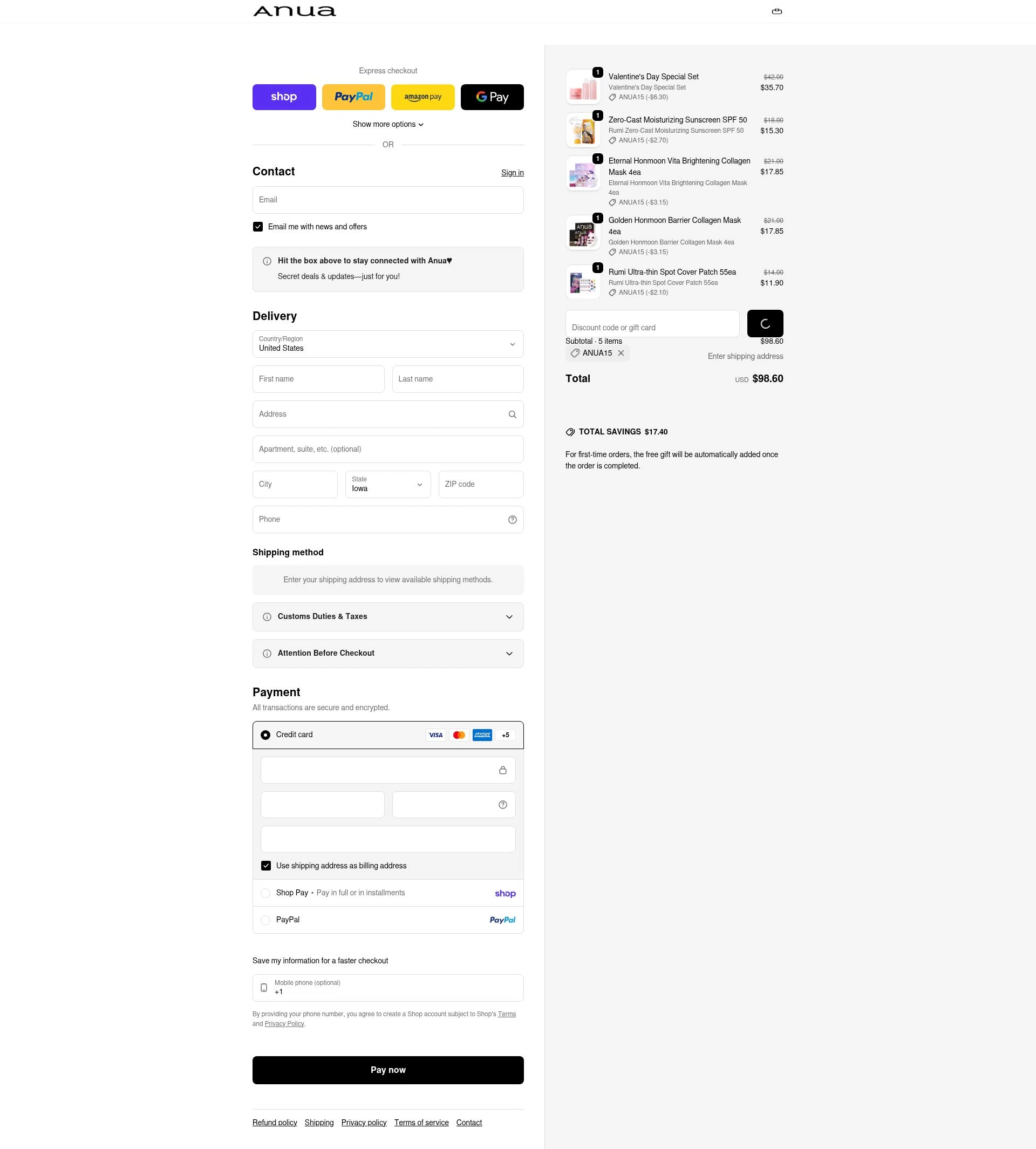 Anua checkout page showing Anua discount code box | Screenshot taken by SimplyCodes community member on Feb 16, 2026