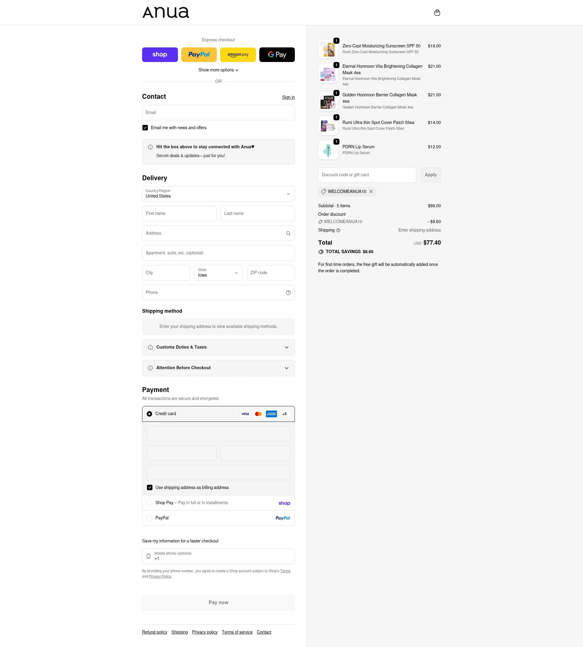 Anua checkout page showing Anua discount code box | Screenshot taken by SimplyCodes community member on Feb 19, 2026