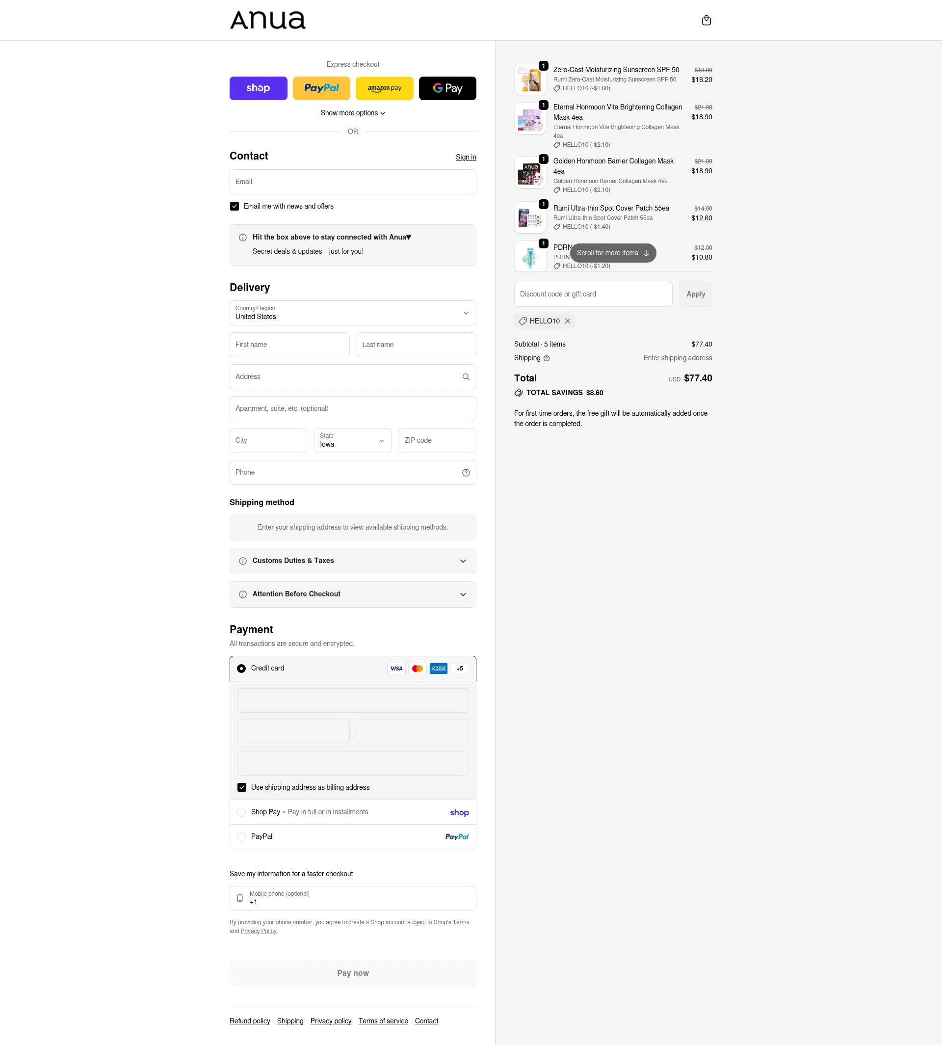 Anua checkout page showing Anua discount code box | Screenshot taken by SimplyCodes community member on Feb 19, 2026
