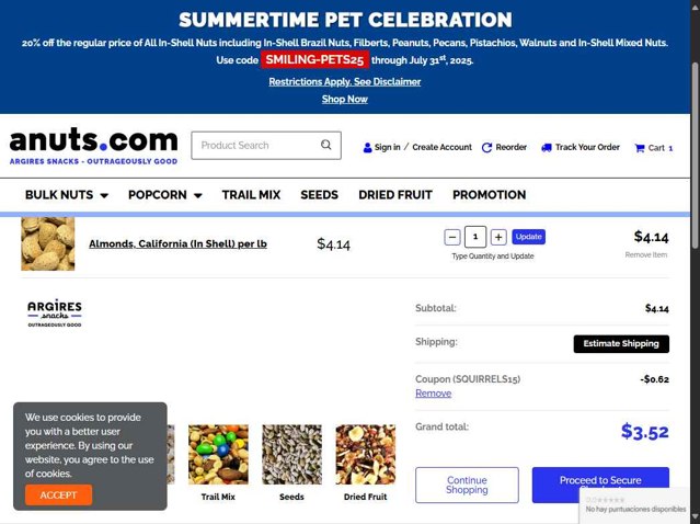 anuts.com checkout page showing anuts.com coupon code box | Screenshot taken by SimplyCodes community member on Jul 26, 2025