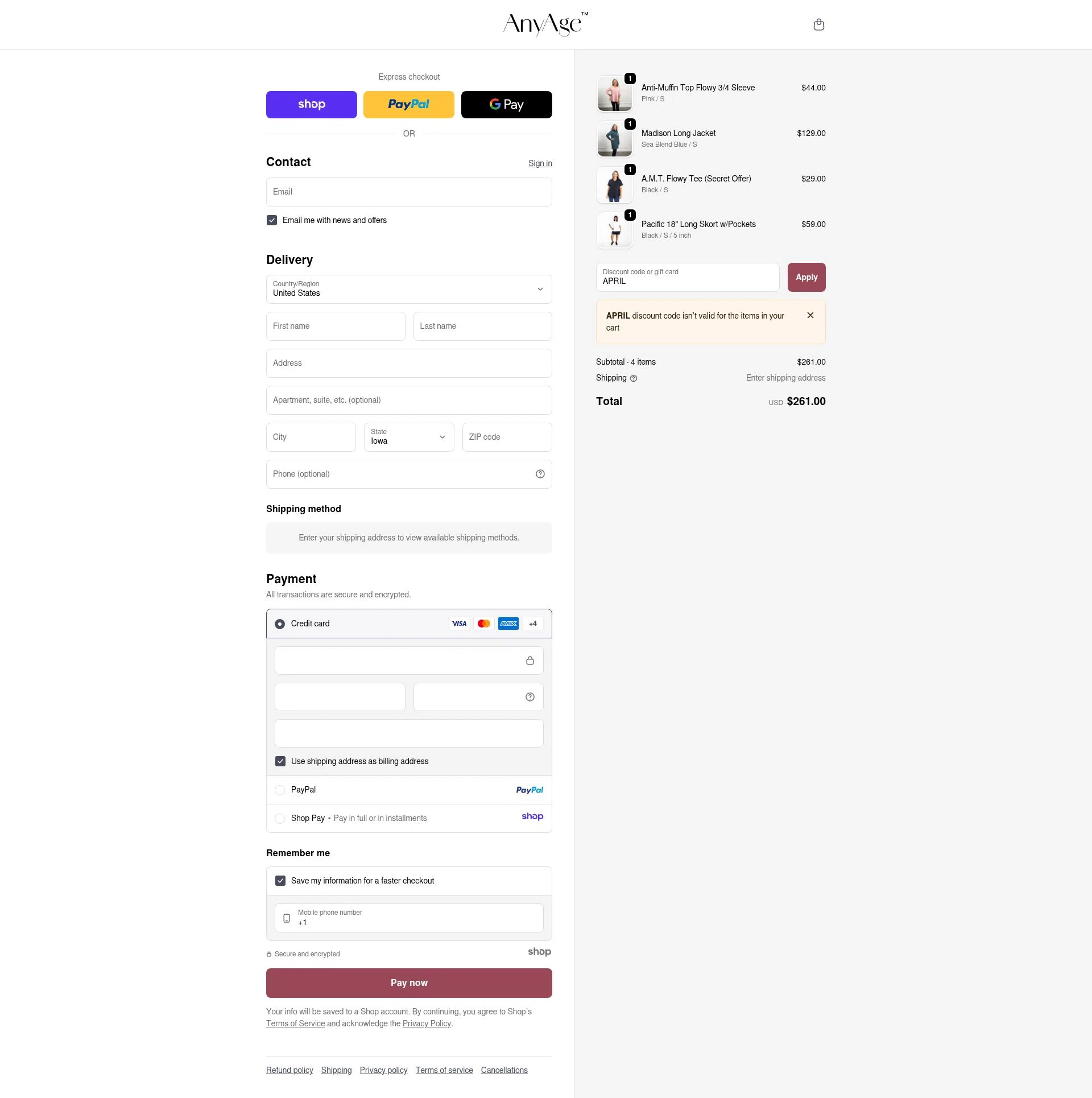 Any Age Activewear checkout page showing Any Age Activewear promo code box | Screenshot taken by SimplyCodes community member on Dec 16, 2025