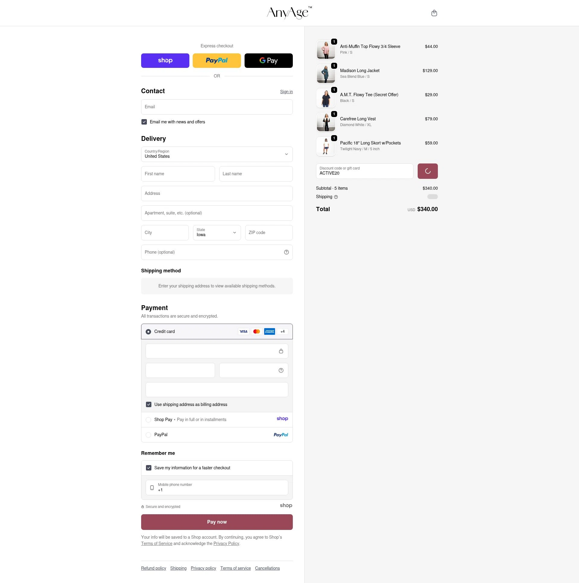 Any Age Activewear checkout page showing Any Age Activewear promo code box | Screenshot taken by SimplyCodes community member on Dec 28, 2025