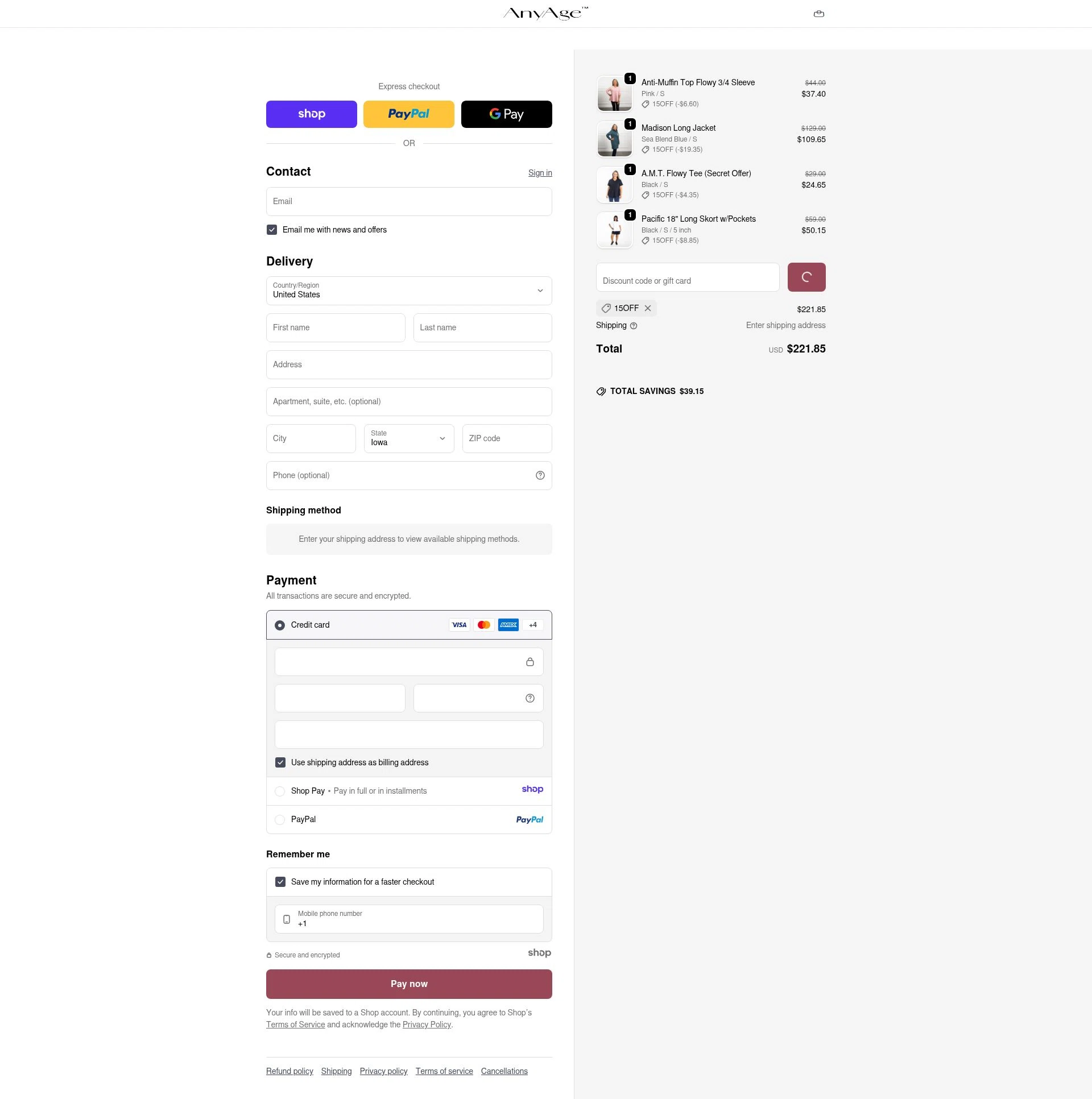 Any Age Activewear checkout page showing Any Age Activewear promo code box | Screenshot taken by SimplyCodes community member on Dec 23, 2025