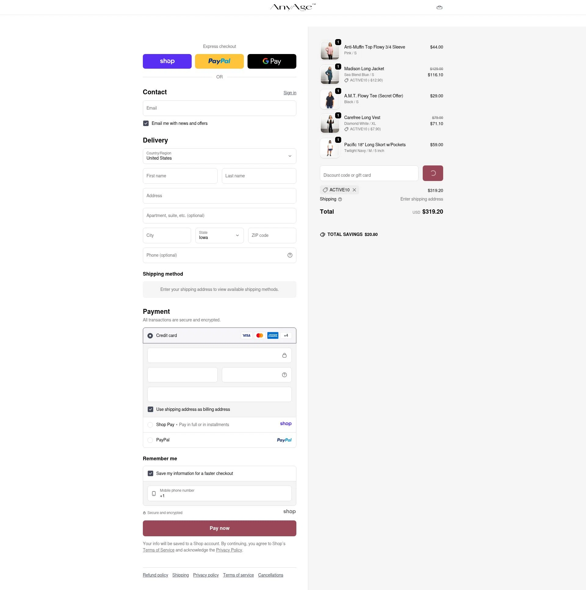Any Age Activewear checkout page showing Any Age Activewear promo code box | Screenshot taken by SimplyCodes community member on Dec 28, 2025