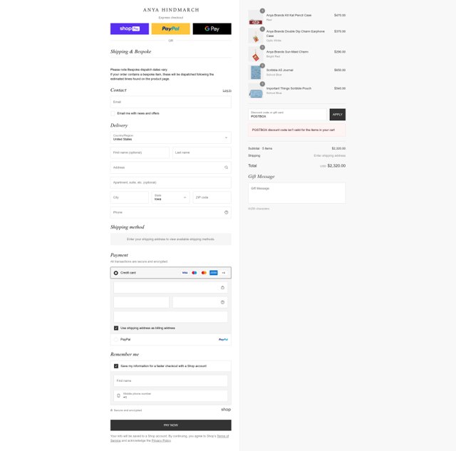 Anya Hindmarch checkout page showing Anya Hindmarch promo code box | Screenshot taken by SimplyCodes community member on Aug 26, 2025