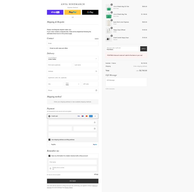 Anya Hindmarch checkout page showing Anya Hindmarch promo code box | Screenshot taken by SimplyCodes community member on Aug 22, 2025