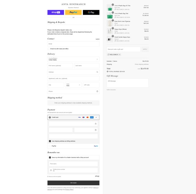 Anya Hindmarch checkout page showing Anya Hindmarch promo code box | Screenshot taken by SimplyCodes community member on Aug 22, 2025