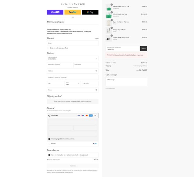 Anya Hindmarch checkout page showing Anya Hindmarch promo code box | Screenshot taken by SimplyCodes community member on Aug 22, 2025