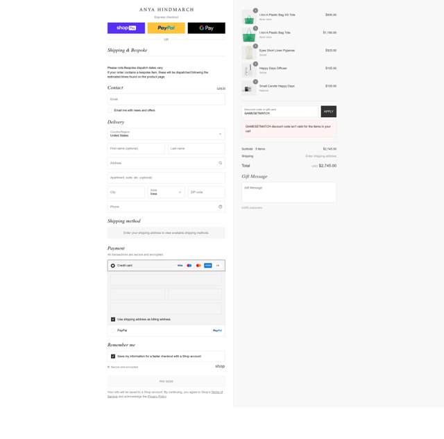 Anya Hindmarch checkout page showing Anya Hindmarch promo code box | Screenshot taken by SimplyCodes community member on Aug 22, 2025