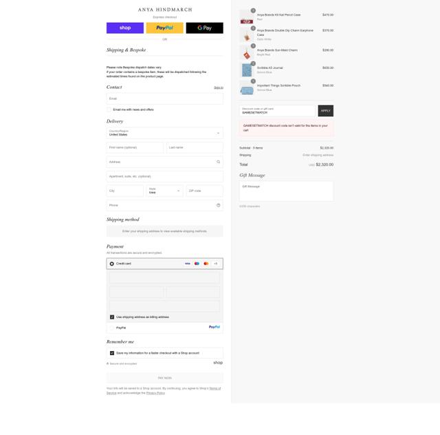 Anya Hindmarch checkout page showing Anya Hindmarch promo code box | Screenshot taken by SimplyCodes community member on Sep 12, 2025