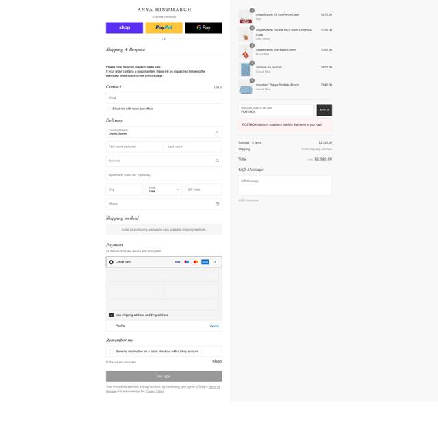 Anya Hindmarch checkout page showing Anya Hindmarch promo code box | Screenshot taken by SimplyCodes community member on Sep 8, 2025