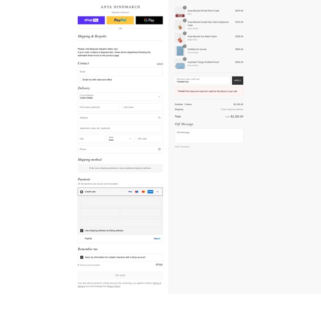 Anya Hindmarch checkout page showing Anya Hindmarch promo code box | Screenshot taken by SimplyCodes community member on Aug 26, 2025