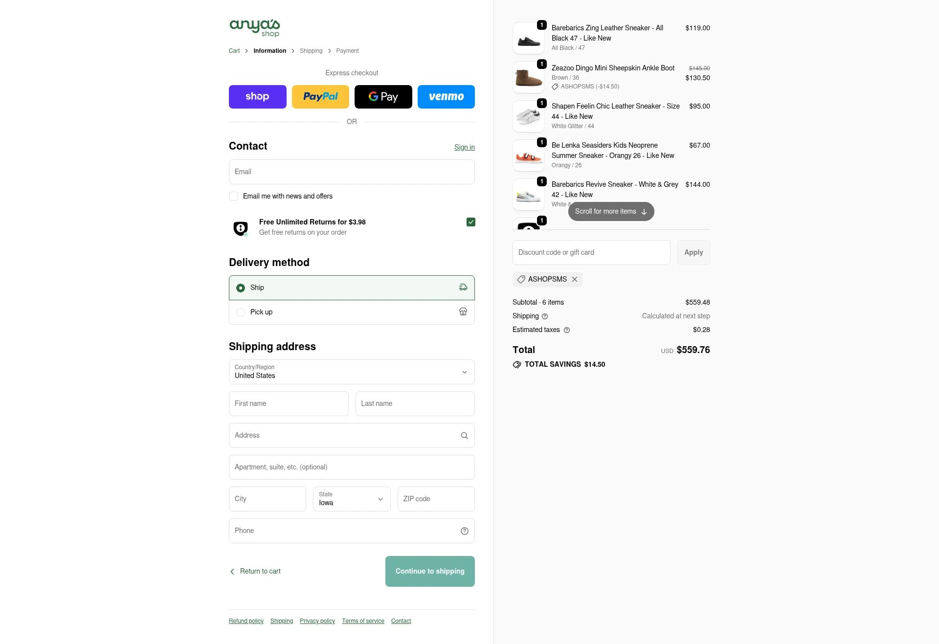 Anya's Shop checkout page showing Anya's Shop discount code box | Screenshot taken by SimplyCodes community member on Oct 8, 2025