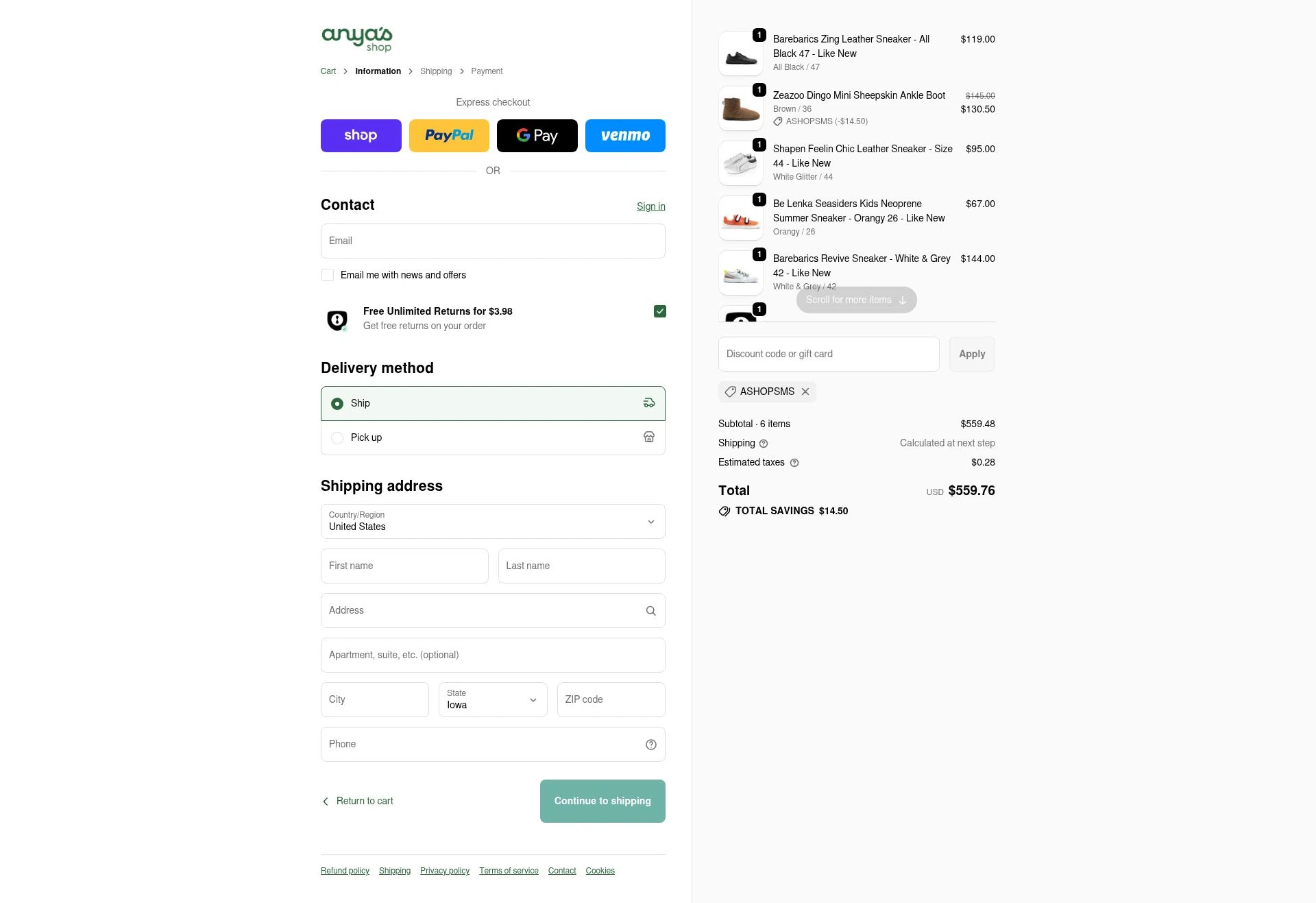 Anya's Shop checkout page showing Anya's Shop discount code box | Screenshot taken by SimplyCodes community member on Oct 1, 2025