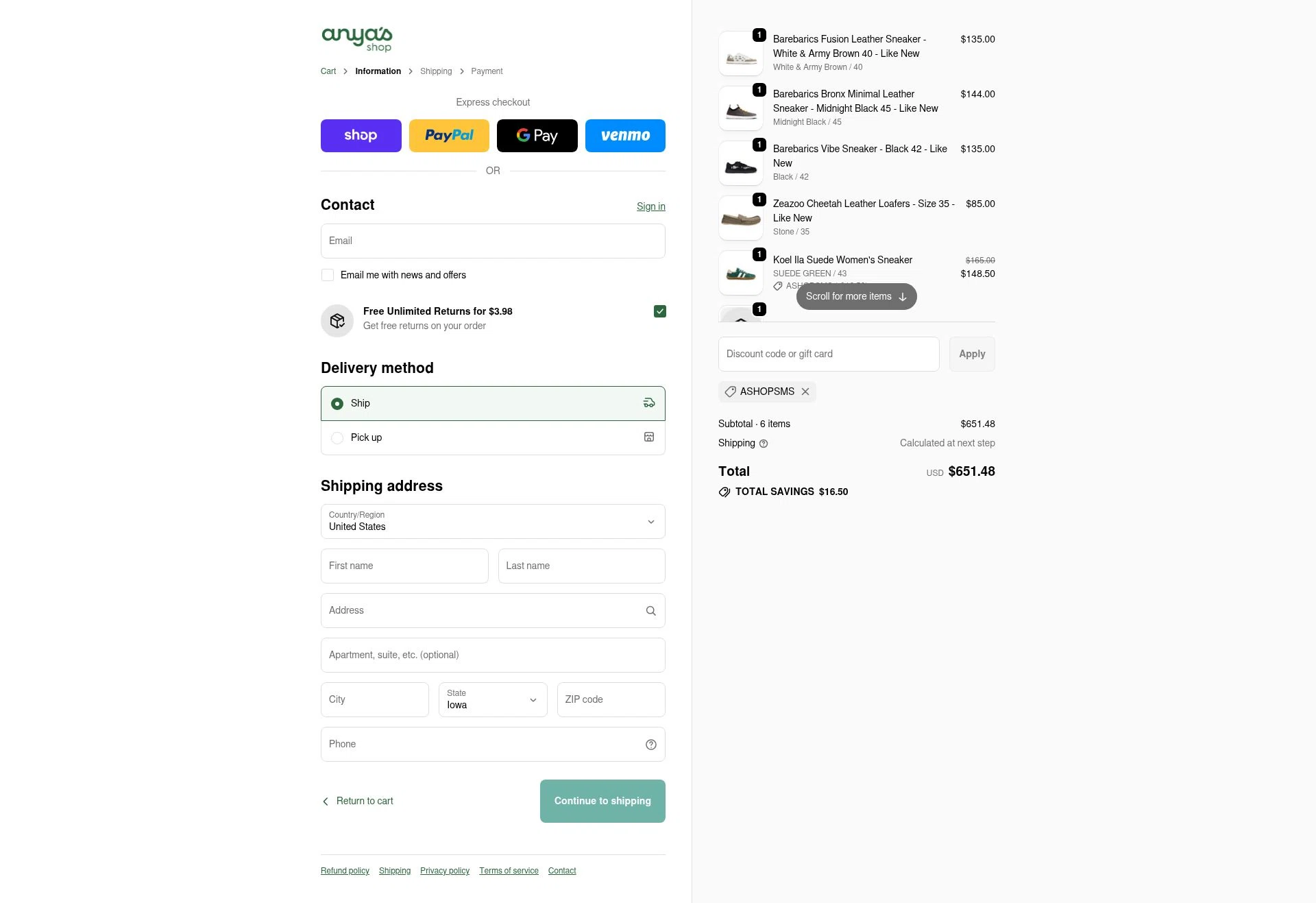 Anya's Shop checkout page showing Anya's Shop discount code box | Screenshot taken by SimplyCodes community member on Oct 29, 2025