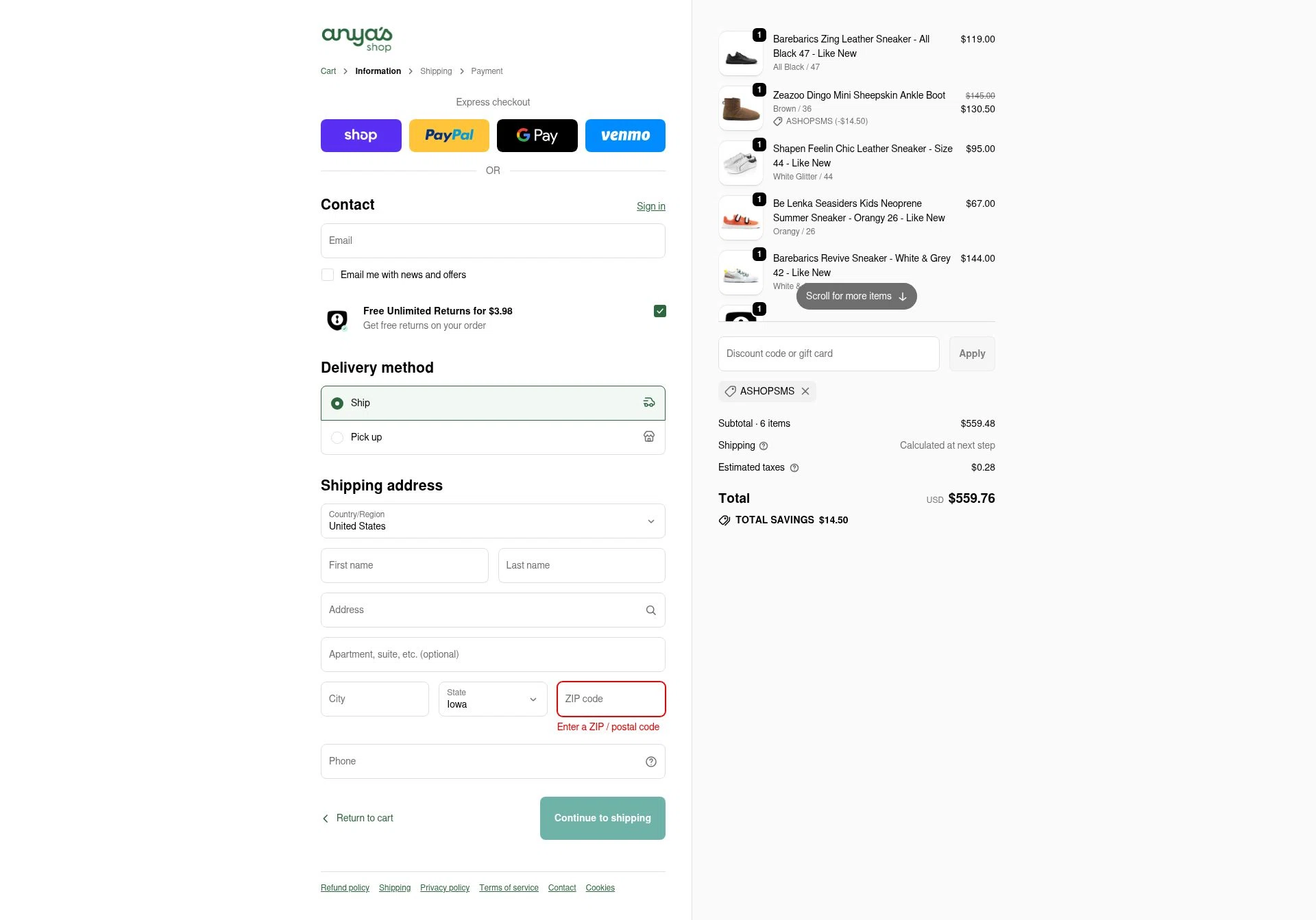 Anya's Shop checkout page showing Anya's Shop discount code box | Screenshot taken by SimplyCodes community member on Sep 23, 2025