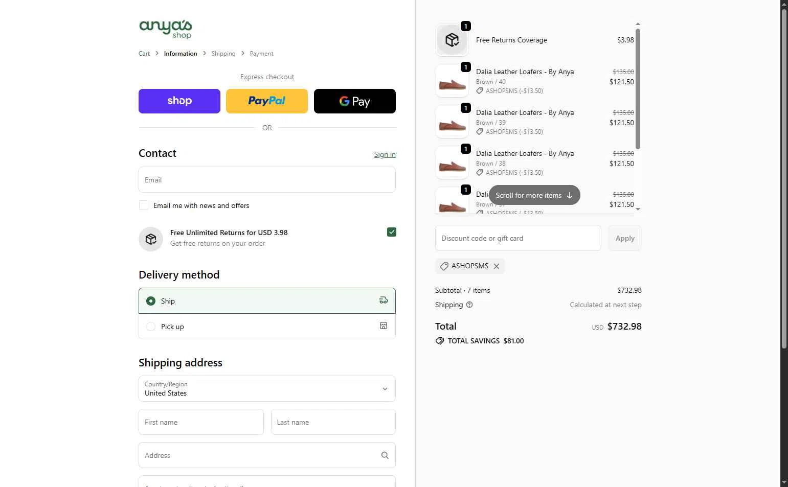 Anya's Shop checkout page showing Anya's Shop discount code box | Screenshot taken by SimplyCodes community member on Nov 11, 2025